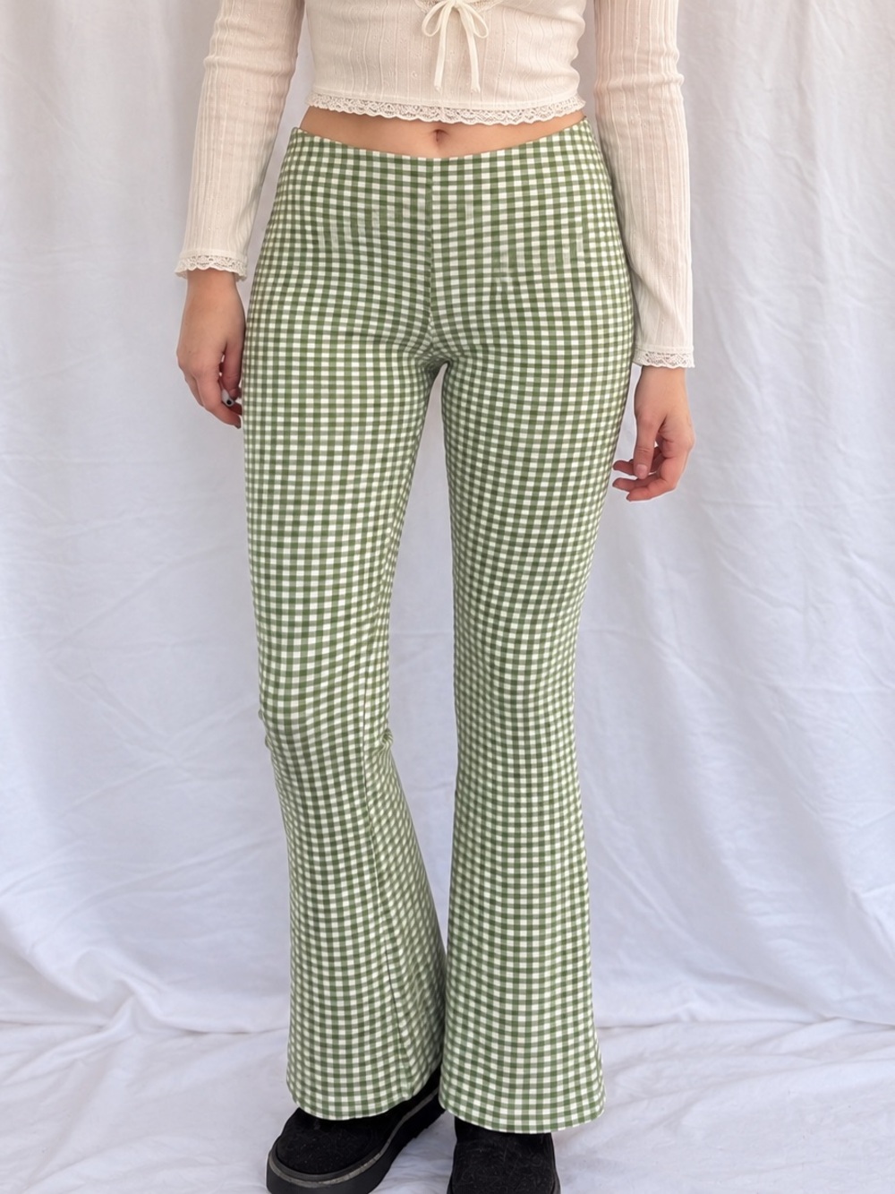 Urban Outfitters Green Gingham Flare Pants Y2K 70s Size Small